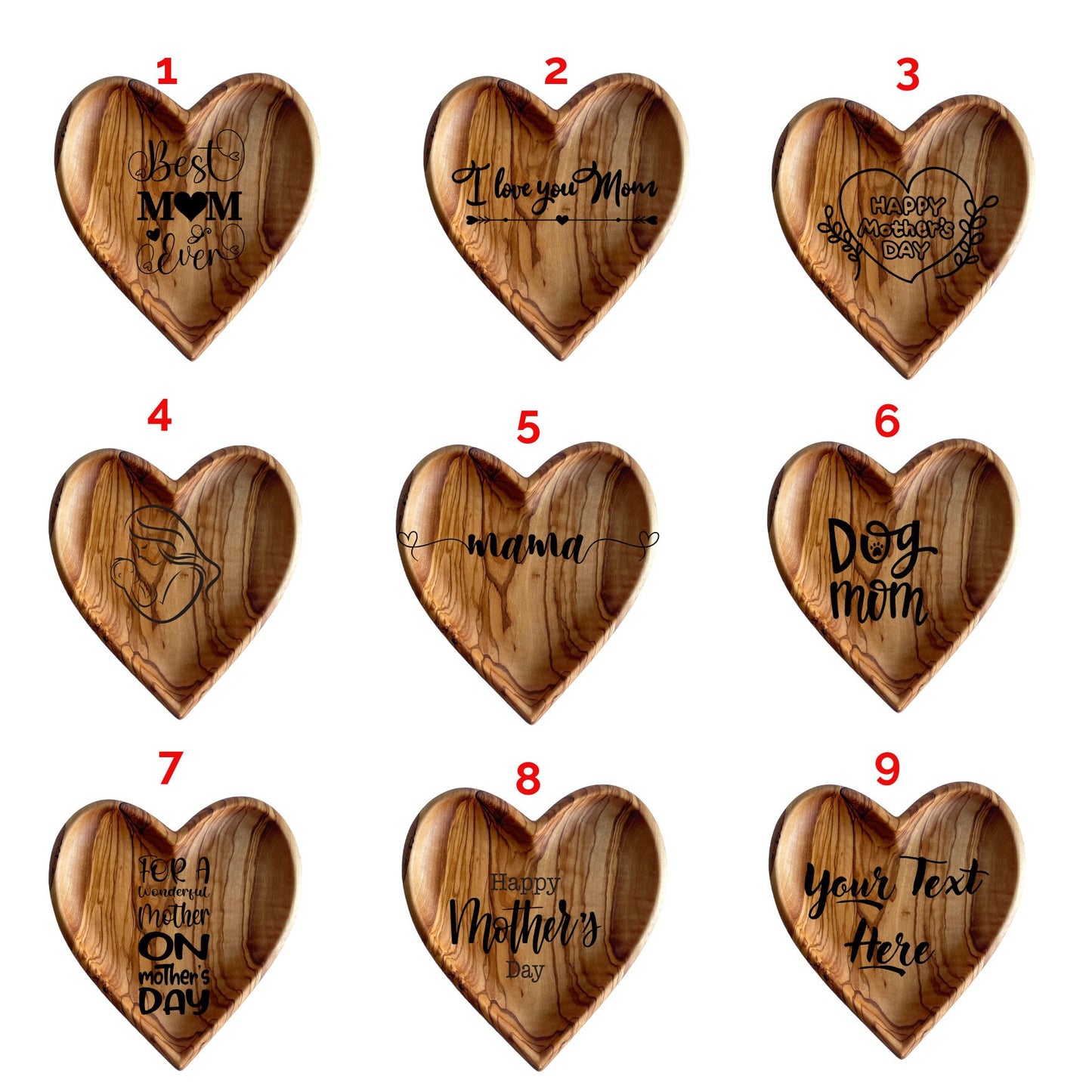 Personalized Olive Wood Heart-Shaped Plate Set of 3 - Rustic Decorative Serving Platters | Various Sizes Available