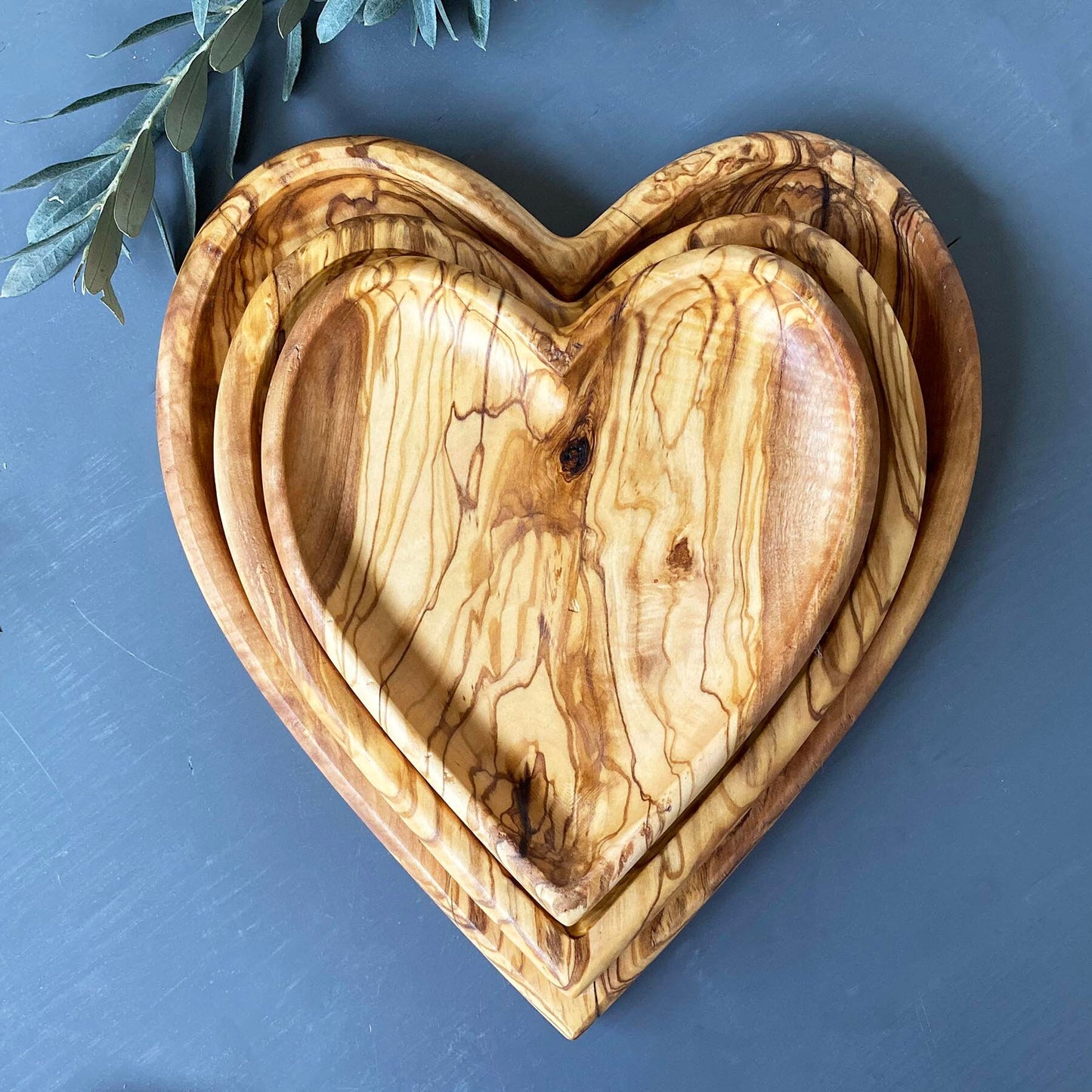 Personalized Olive Wood Heart-Shaped Plate Set of 3 - Rustic Decorative Serving Platters | Various Sizes Available