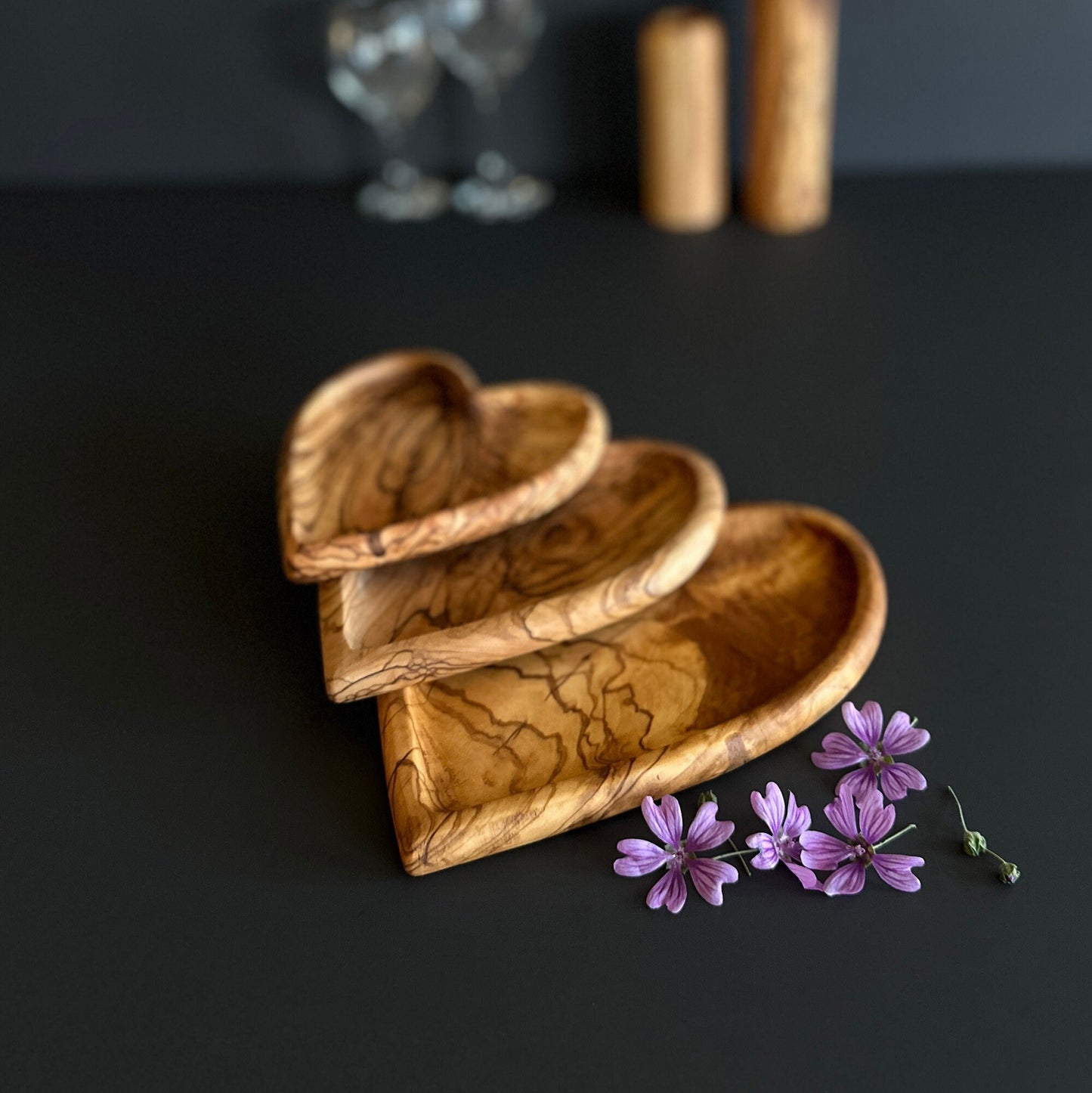 Personalized Olive Wood Heart-Shaped Plate Set of 3 - Rustic Decorative Serving Platters | Various Sizes Available