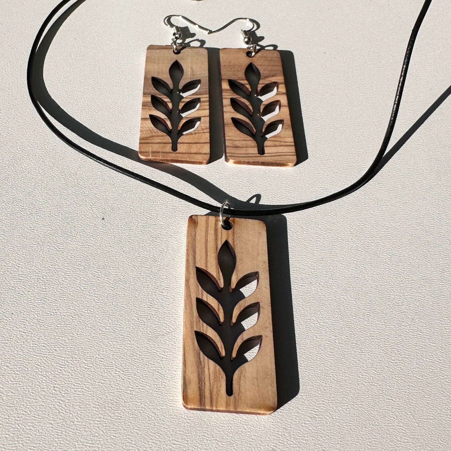 Handcrafted Leaf Pattern Olive Wood Necklace - Genuine Calfskin Cord - 17.7" & 23.6" Lengths with 2" Extension Chain