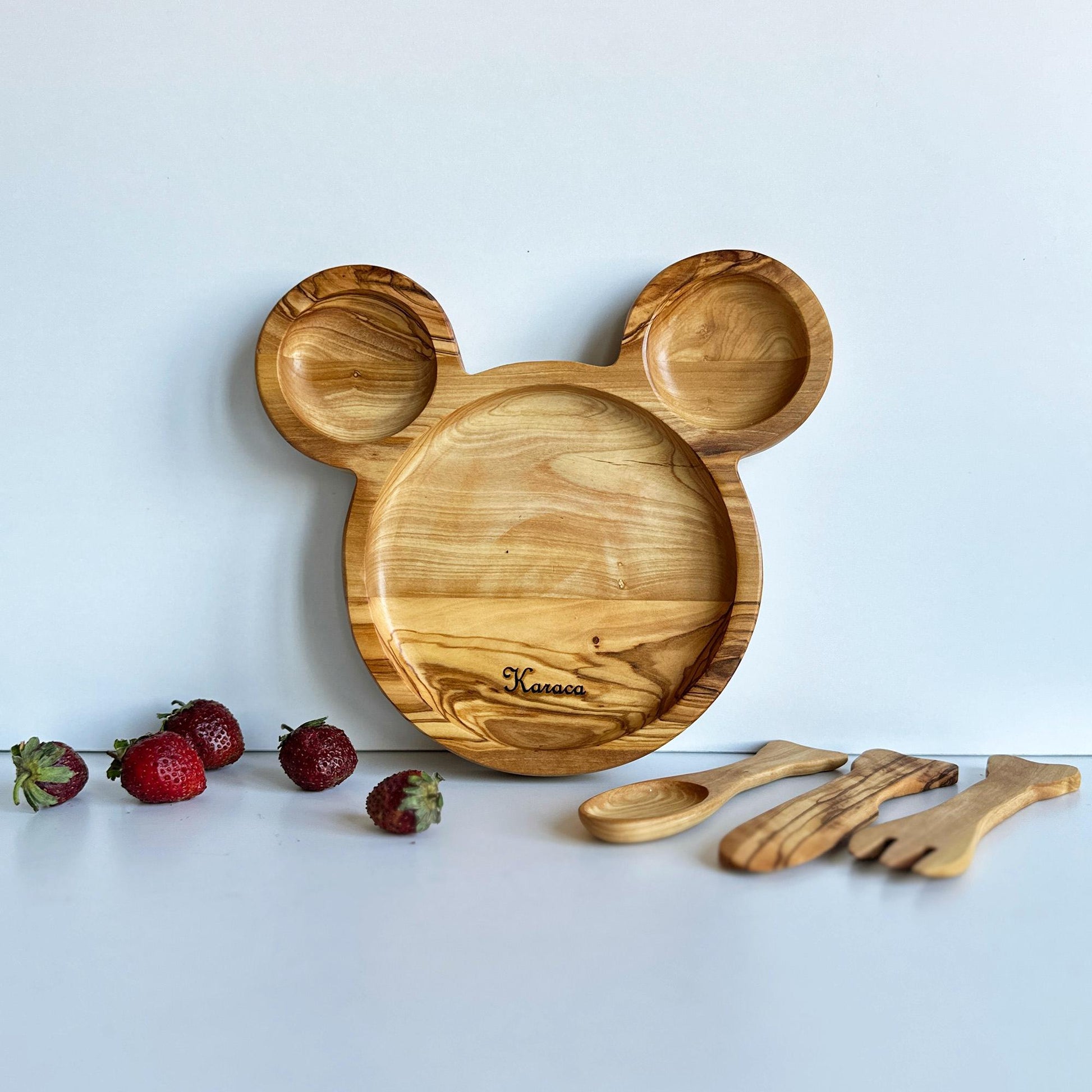 Olive Wood Personalized Baby Dining Set | Customizable Kids' Set | Baby's First Self Feeding Set | Mouse Shaped Baby Plate | Gift For Kids