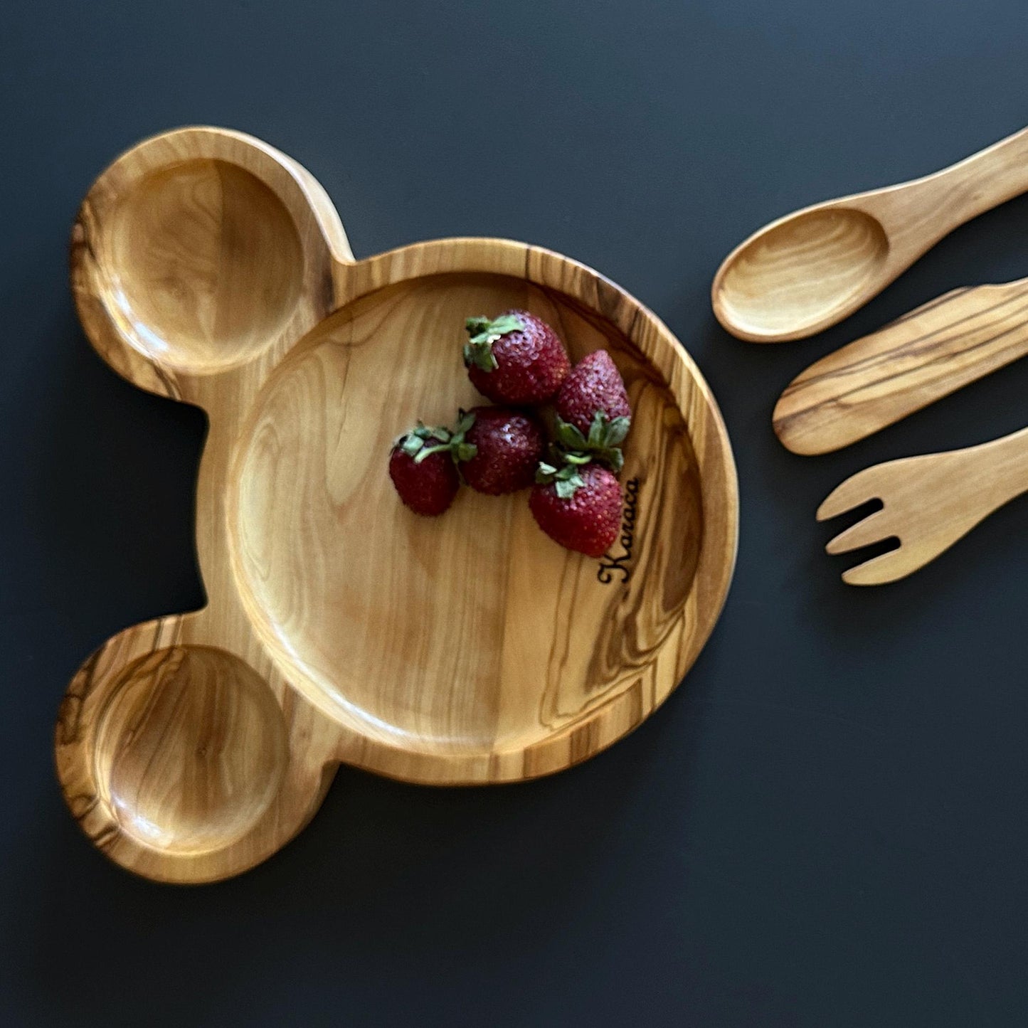 Olive Wood Personalized Baby Dining Set | Customizable Kids' Set | Baby's First Self Feeding Set | Mouse Shaped Baby Plate | Gift For Kids