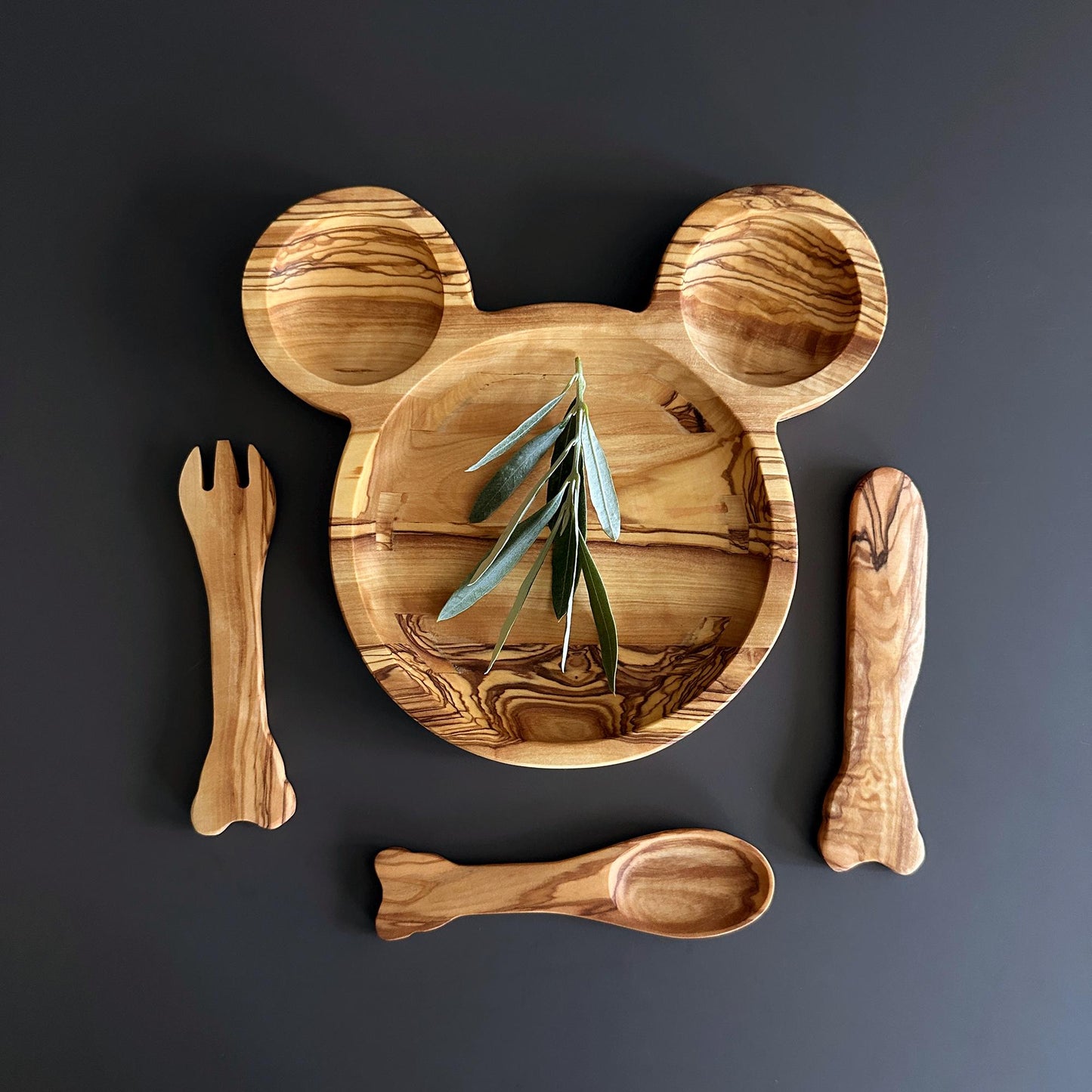 Olive Wood Personalized Baby Dining Set | Customizable Kids' Set | Baby's First Self Feeding Set | Mouse Shaped Baby Plate | Gift For Kids