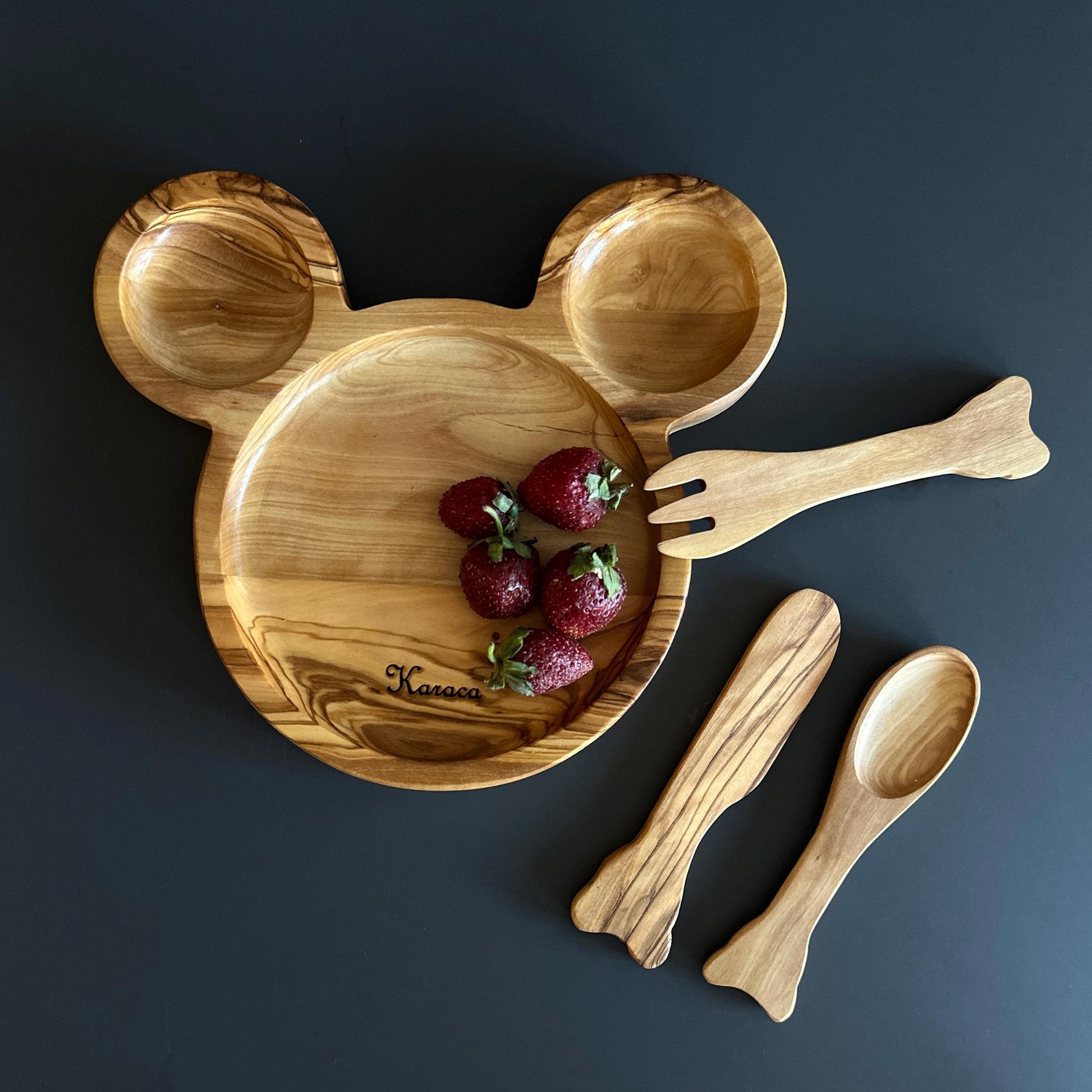 mouse shaped baby plate, olive wood kids&#39; dinner set, wooden plate, Handcrafted olive wood