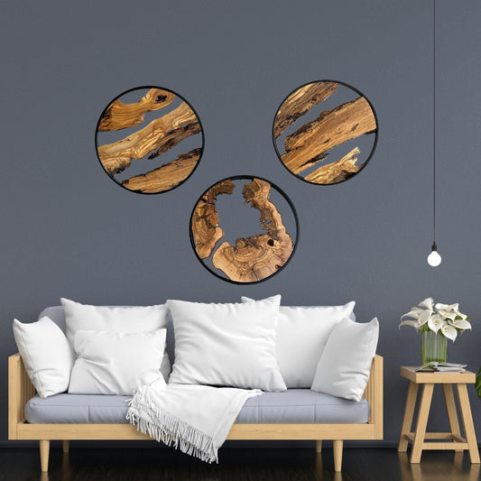 Round Metal Framed Wall Decor | Wooden Wall Decor | Olive Wood Wall Art With Metal Frame | 18 inches Wall Decor