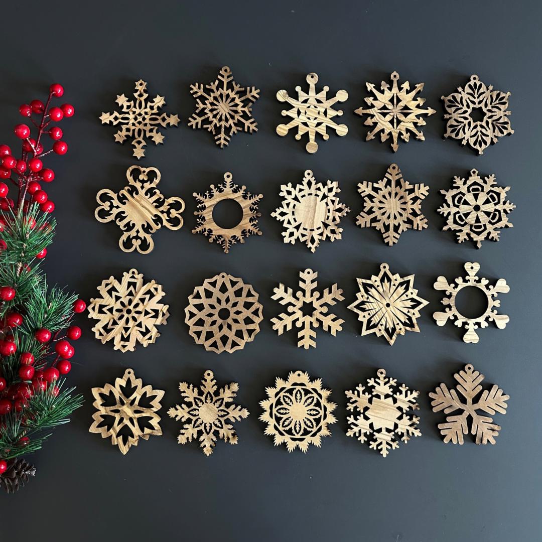 Unique Olive Wood Christmas Ornaments | 30 Snowflake Designs for Holiday Decoration | Wood Christmas Ornaments | Olive Wood Christmas Favors