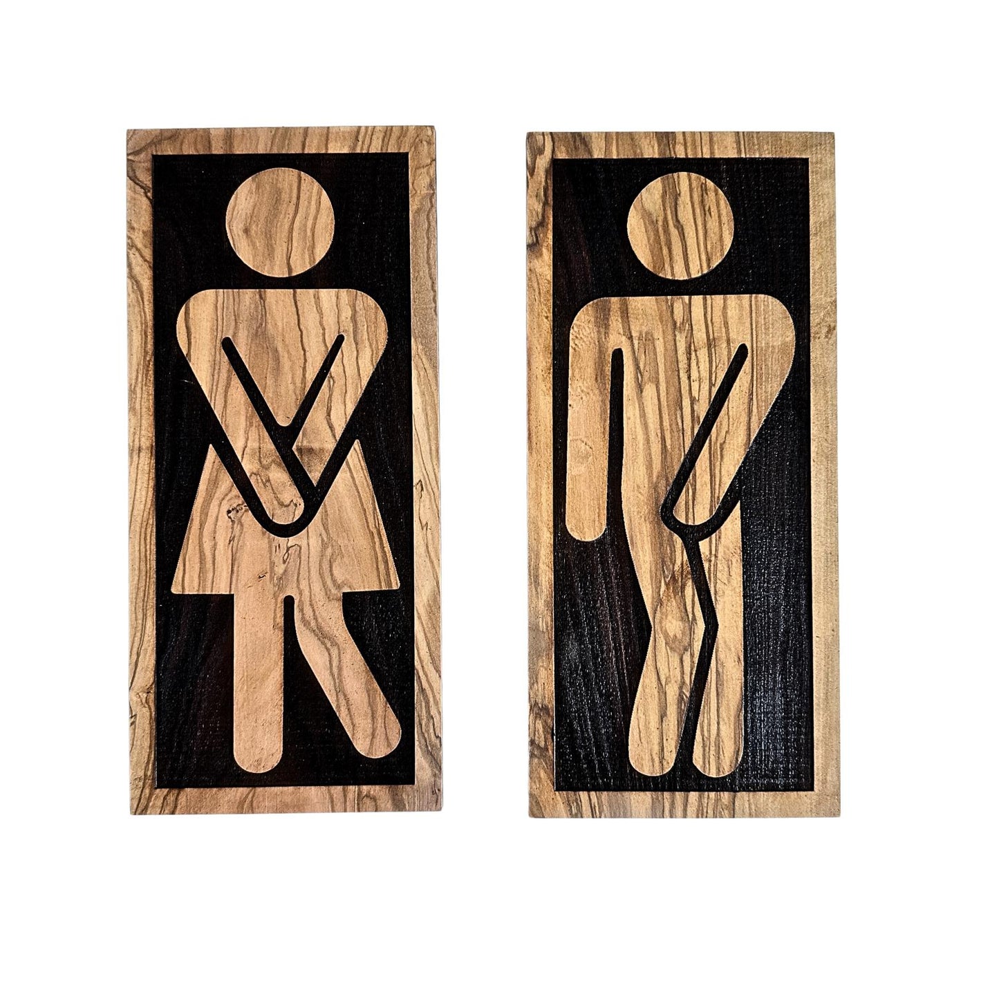 Olive Wood Restroom Sign | Bathroom WC Door Sign | Wooden Toilet Sign | Male Female Bathroom Figurines | Unique Toilet Door Plate