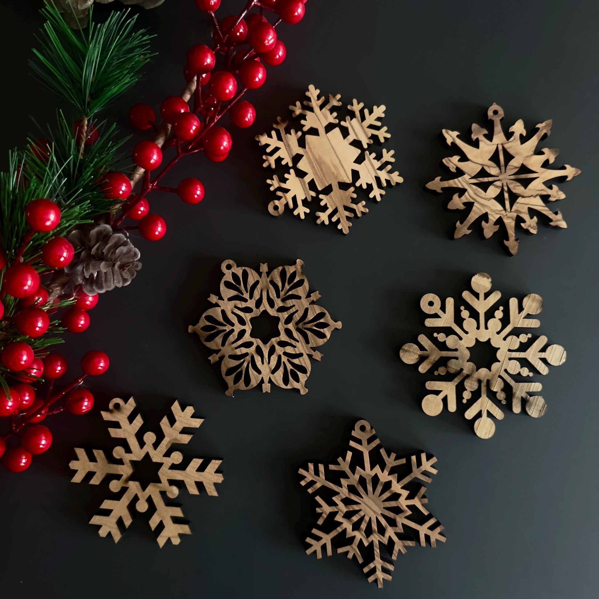 Unique Olive Wood Christmas Ornaments | 30 Snowflake Designs for Holiday Decoration | Wood Christmas Ornaments | Olive Wood Christmas Favors