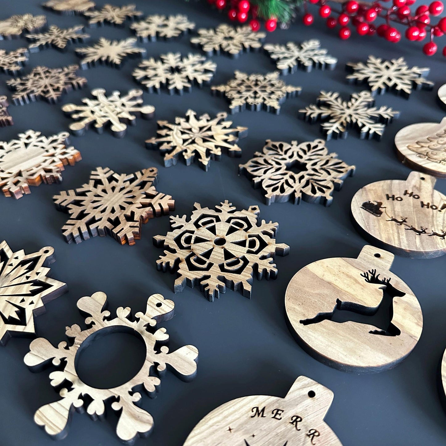 Unique Olive Wood Christmas Ornaments | 30 Snowflake Designs for Holiday Decoration | Wood Christmas Ornaments | Olive Wood Christmas Favors