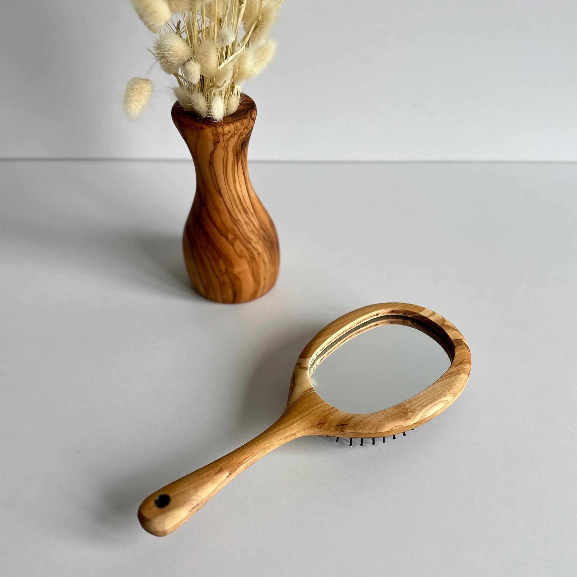 Personalized Olive Wood Hairbrush with Mirror – Rustic Handheld Design - Christmas Gift