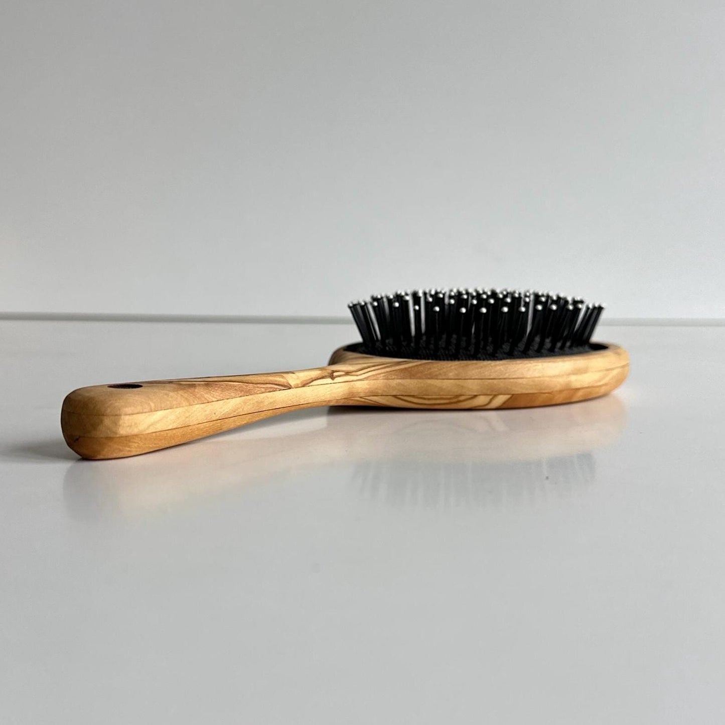 Personalized Olive Wood Hairbrush with Mirror – Rustic Handheld Design - Christmas Gift