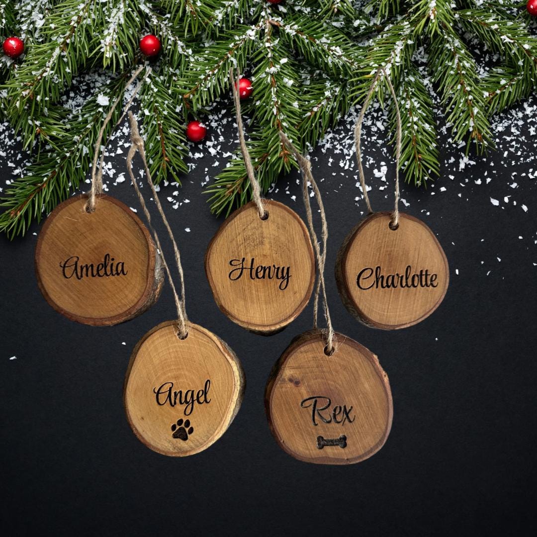 Personalized Olive Wood Christmas Tree Ornament | Family & Pet Names Engraving | Wooden Christmas Ornaments