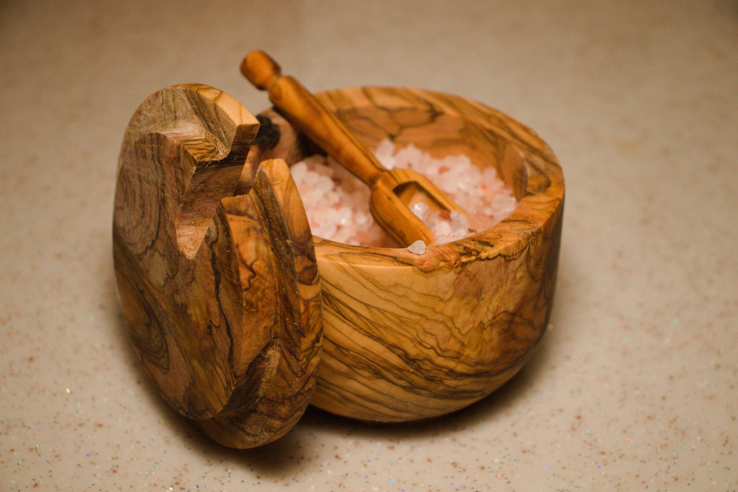 Olive Wood Salt Bowl with Spoon and Lid, Wooden Sugar Bowl, Authentic Spice Bowl, Rustic Wooden Bowl, Minimalist Bowl