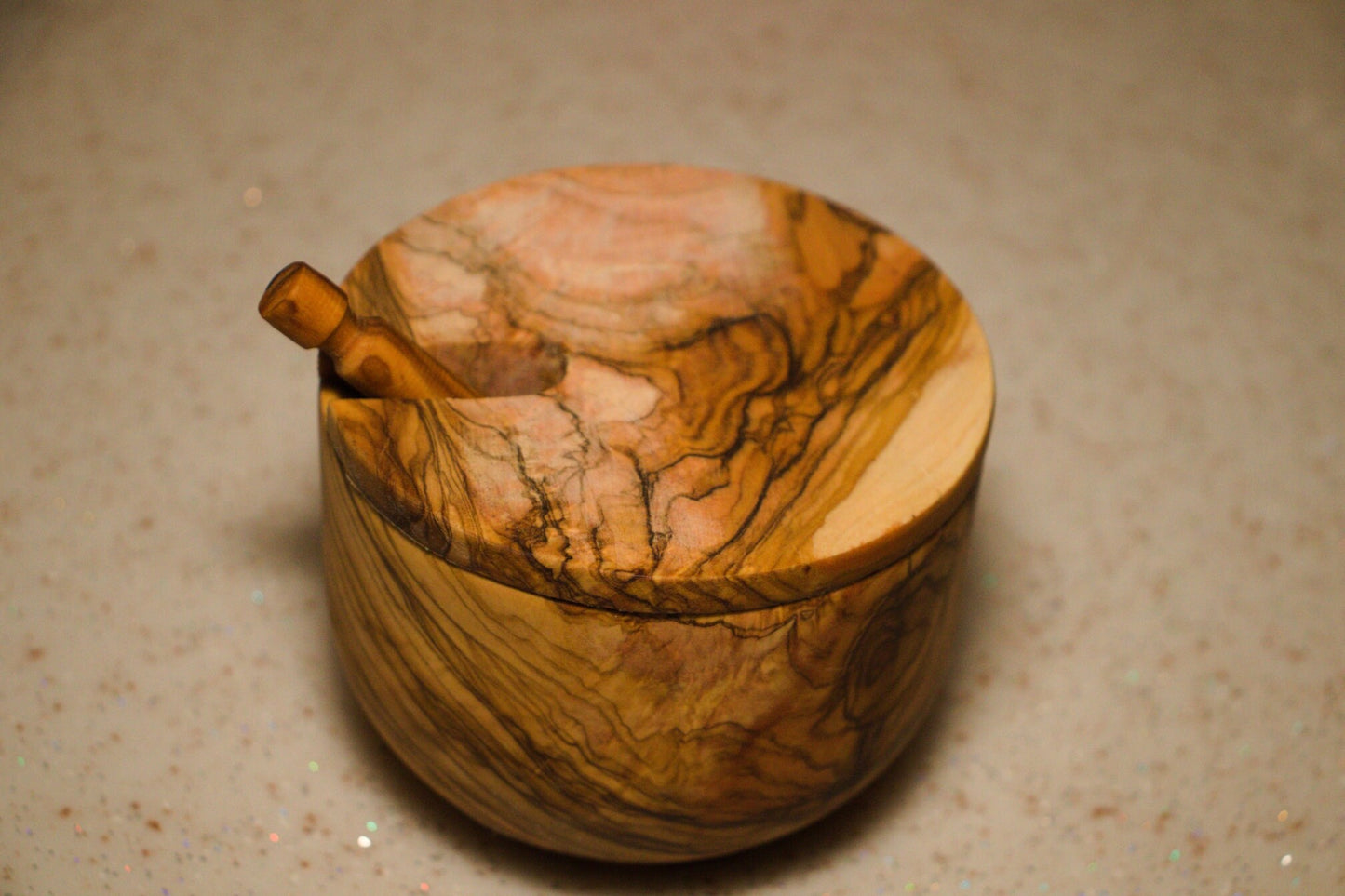 Olive Wood Salt Bowl with Spoon and Lid, Wooden Sugar Bowl, Authentic Spice Bowl, Rustic Wooden Bowl, Minimalist Bowl