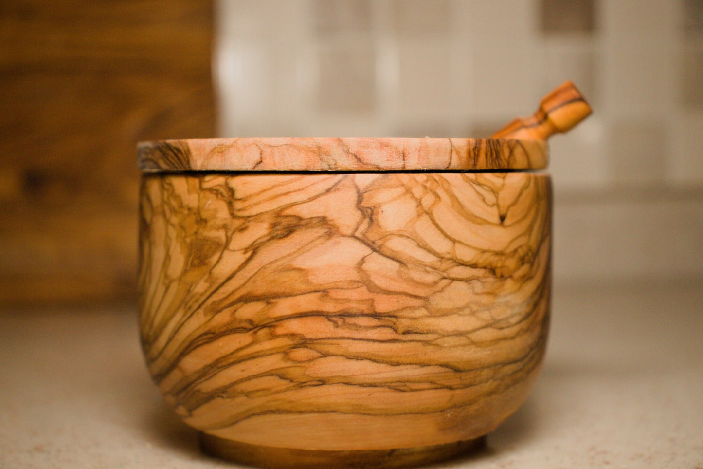 Olive Wood Salt Bowl with Spoon and Lid, Wooden Sugar Bowl, Authentic Spice Bowl, Rustic Wooden Bowl, Minimalist Bowl