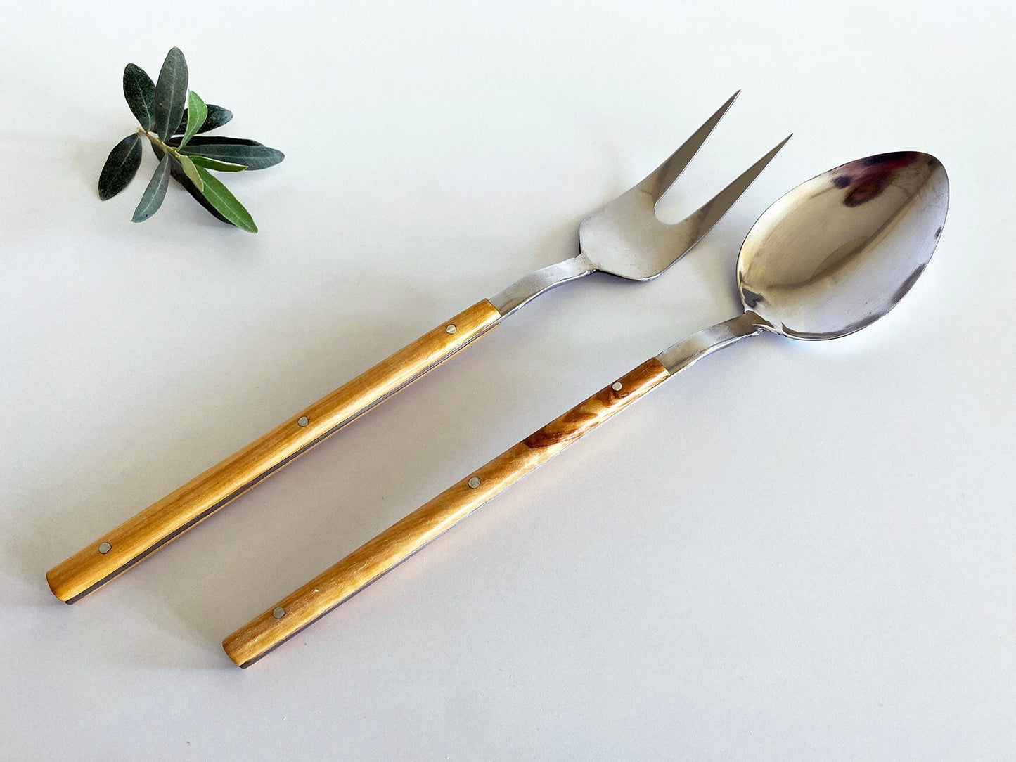 Olive Wood Cutlery Set, Wooden Stainless Steel Cutlery, Serving Fork, Serving Spoon