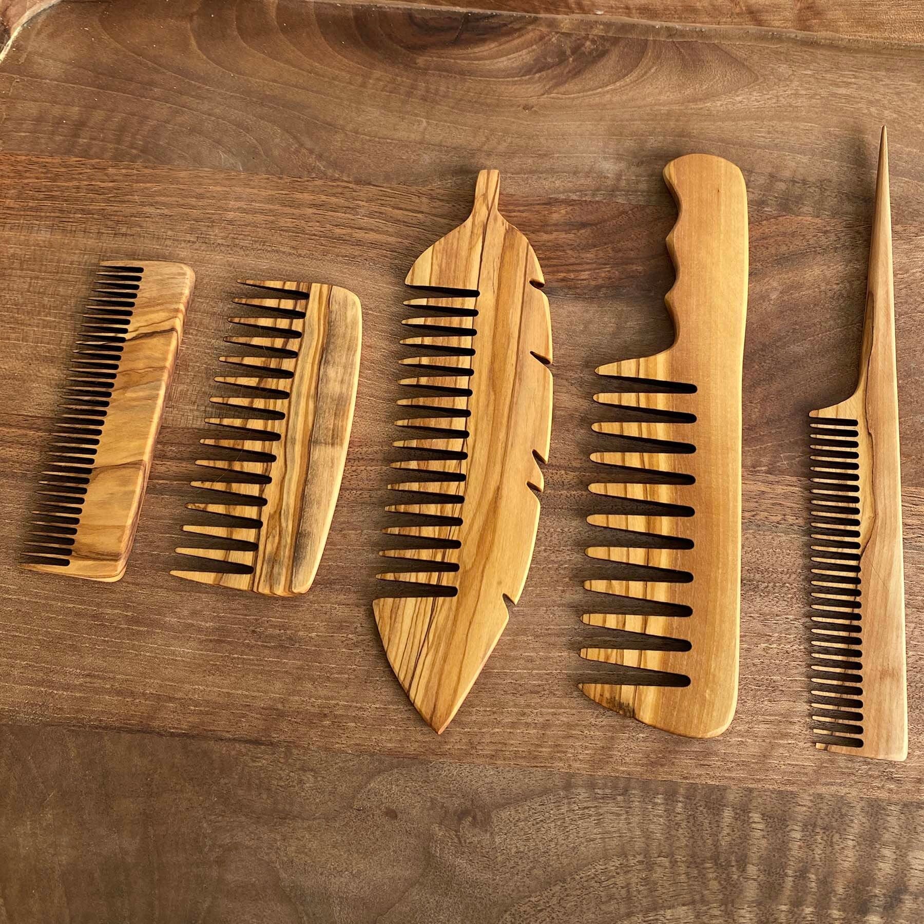 Olive Wood Beauty Comb Set of 5, Wooden Wide Tine Combs, Wooden Close Tine Combs, Authentic