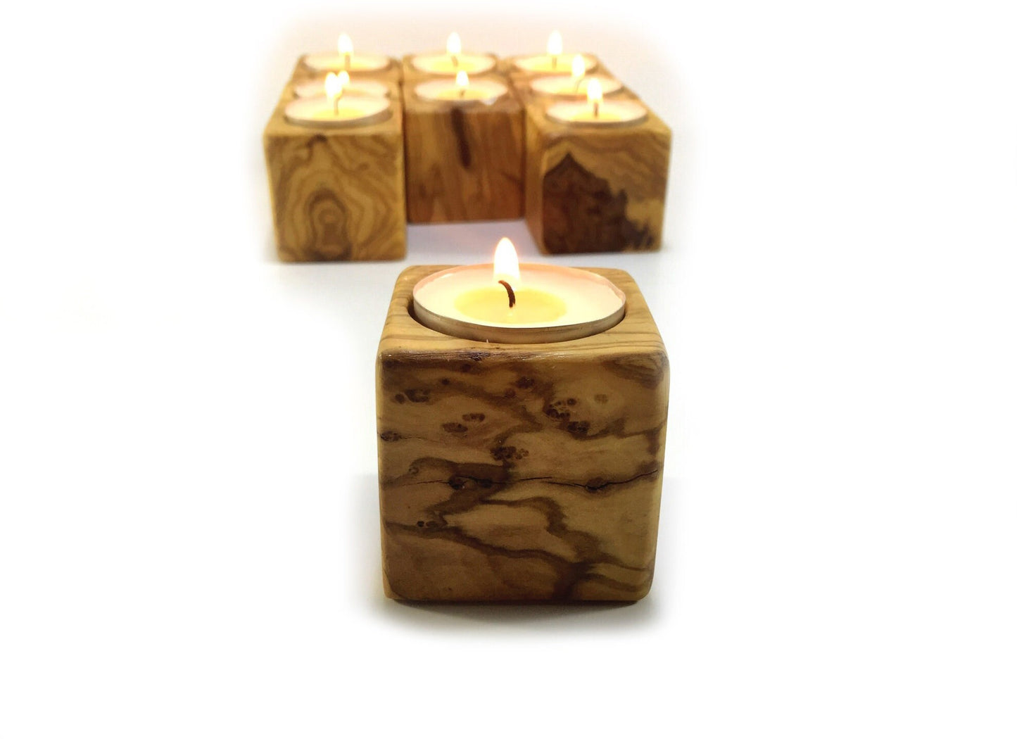 Wooden Cubic Candle Holders, Elegant Olive Wood Tealight Holders, Single - Double - Triple