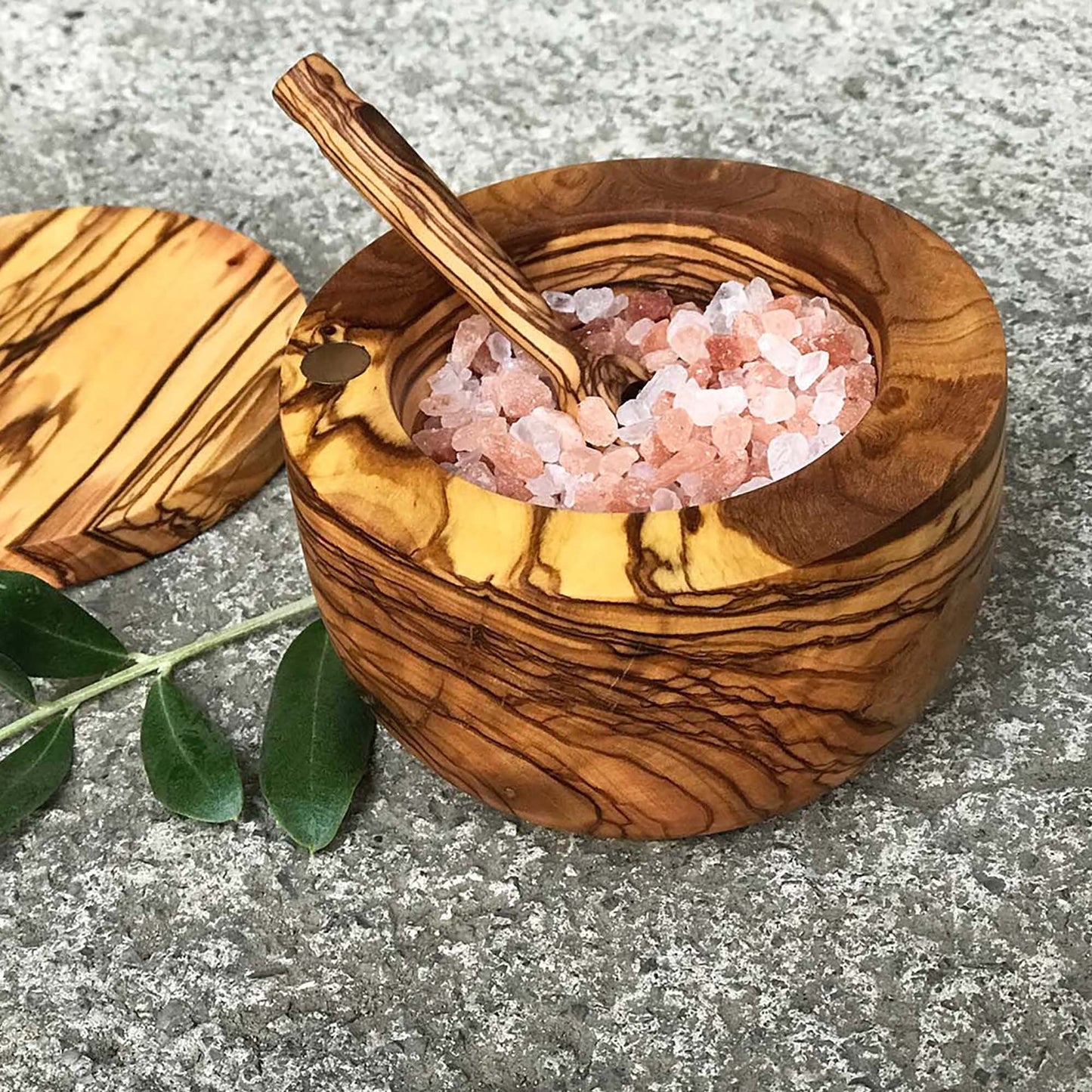 Olive Wood Salt Bowl with Spoon and Lid, Wooden Sugar Bowl, Authentic Spice Bowl, Rustic Wooden Bowl, Minimalist Bowl